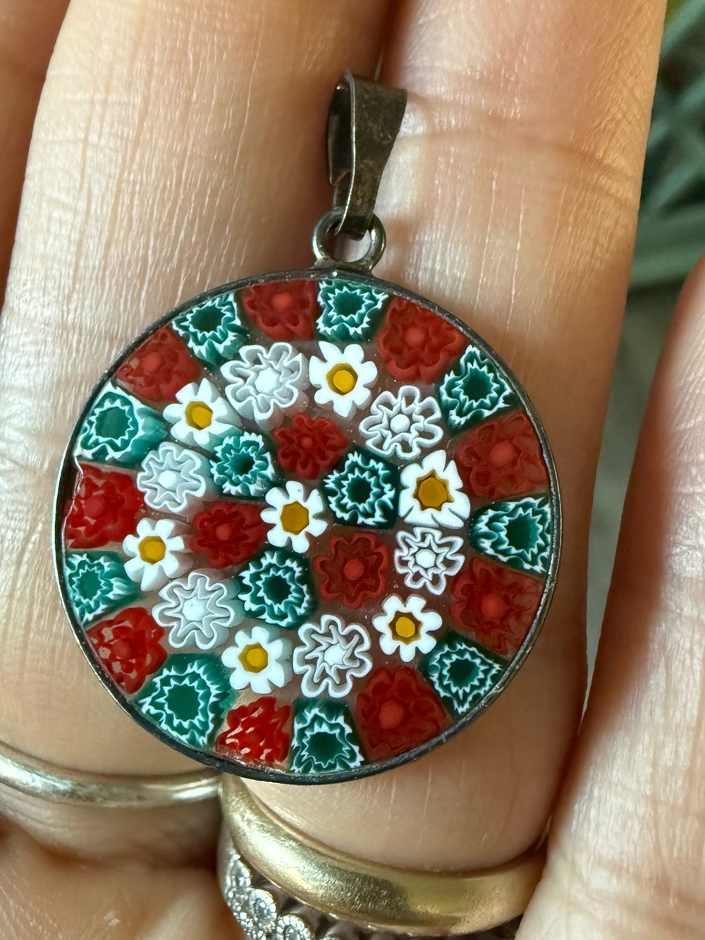 925 Handmade Millefiori Floral Round Pendant in Red, Green & White and earrings.